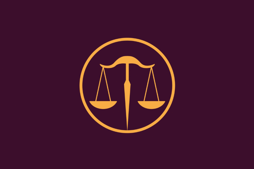 Ícone ilustrado em tom amarelo sobre fundo roxo escuro, dentro de uma moldura circular, representando o signo de Libra através de uma balança de dois pratos equilibrados