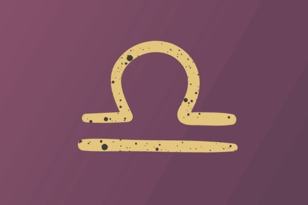 A imagem apresenta o símbolo do signo de libra em tom dourado, centralizado sobre um fundo roxo escuro. O símbolo possui pequenos detalhes e manchas escuras que criam um efeito texturizado e artístico.