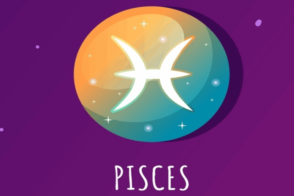 Ilustração do símbolo de Peixes em branco, sobre um círculo em tons de laranja e azul, com pequenas estrelas e fundo roxo. A palavra “Pisces” aparece na parte inferior.