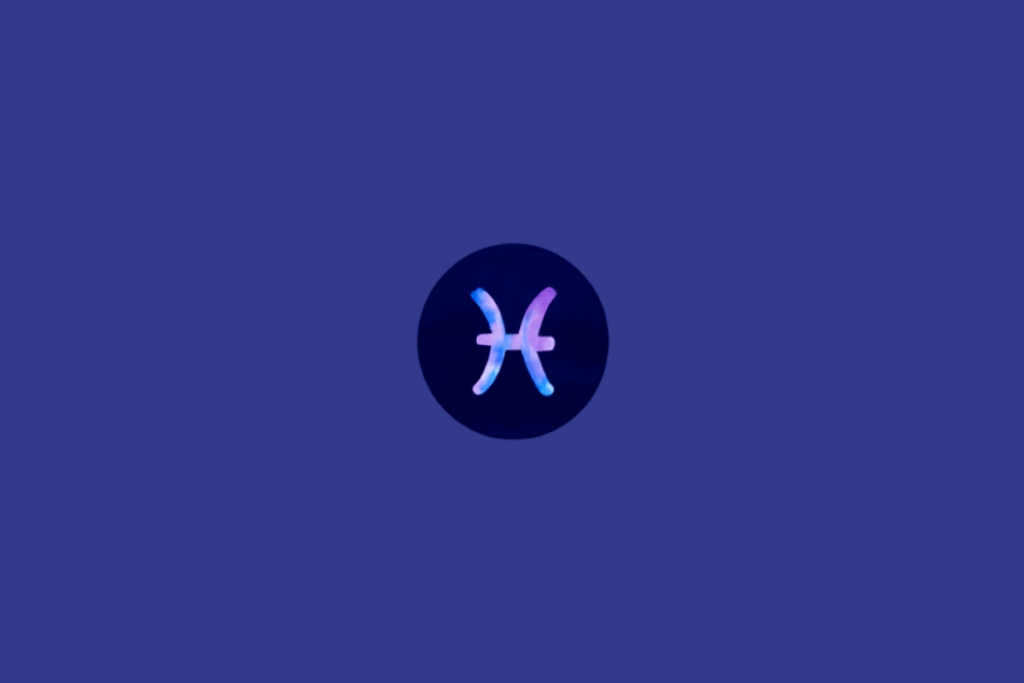 Símbolo do signo de Peixes em tons de roxo e azul em círculo azul escuro, em fundo azul.