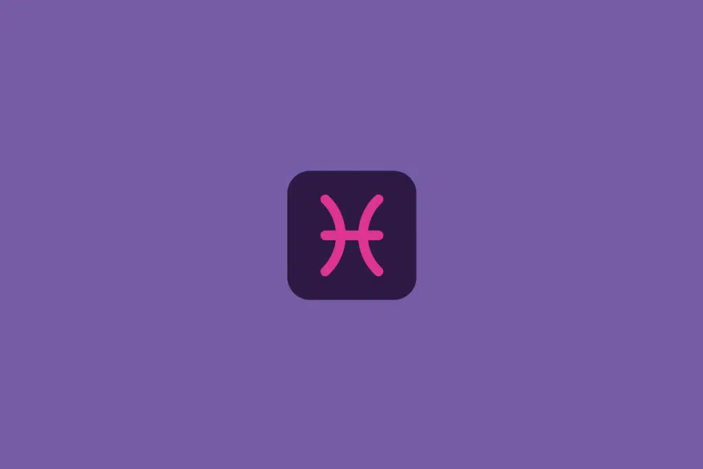Símbolo de Peixes formado por duas curvas verticais ligadas por uma linha horizontal, em rosa, dentro de um quadrado de cantos arredondados em roxo-escuro. Em fundo roxo.