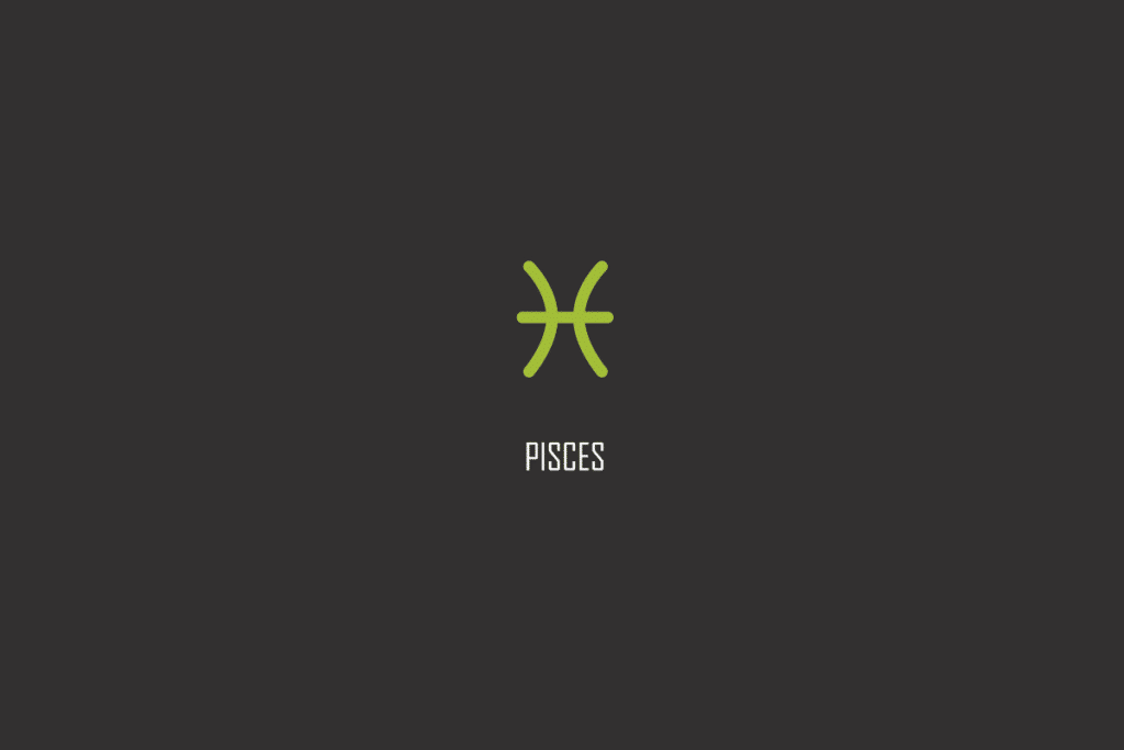 Símbolo verde de Peixes com o nome PISCES escrito abaixo, sobre fundo cinza escuro