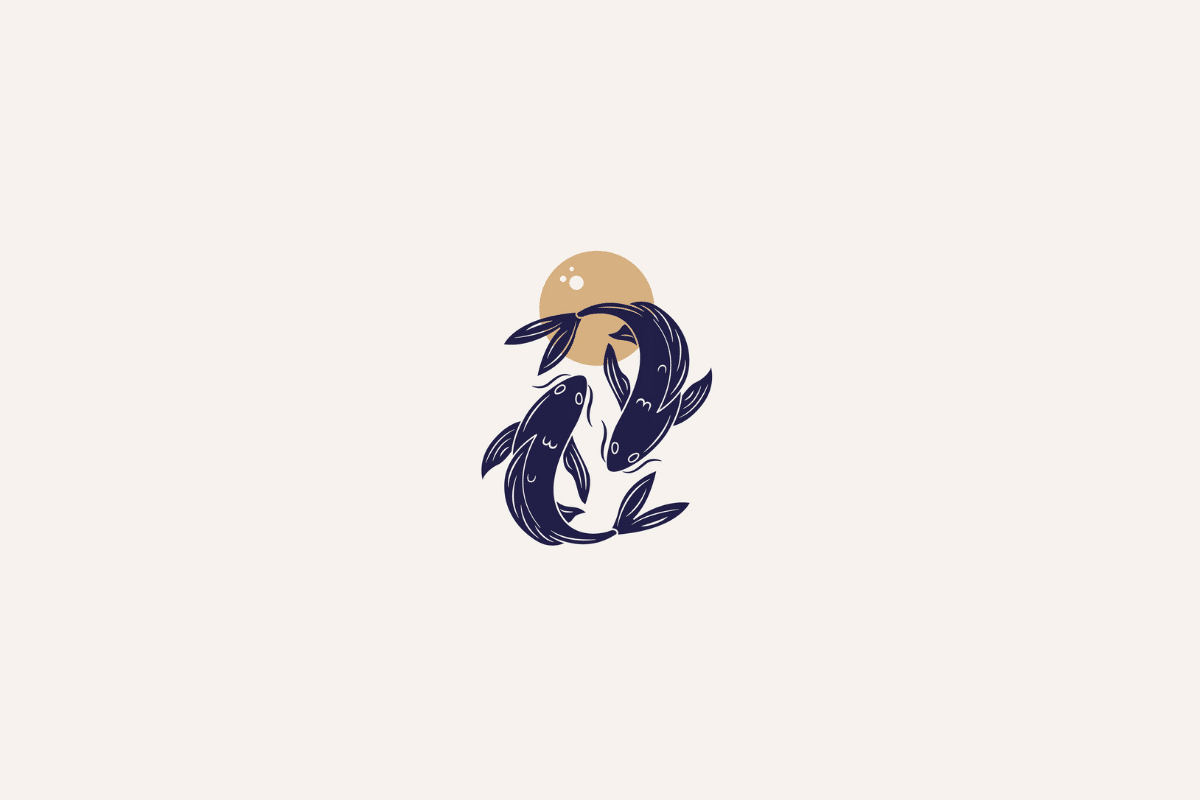 Ilustração do signo de peixes em azul-escuro com círculo bege ao fundo e centralizada em fundo bege-claro