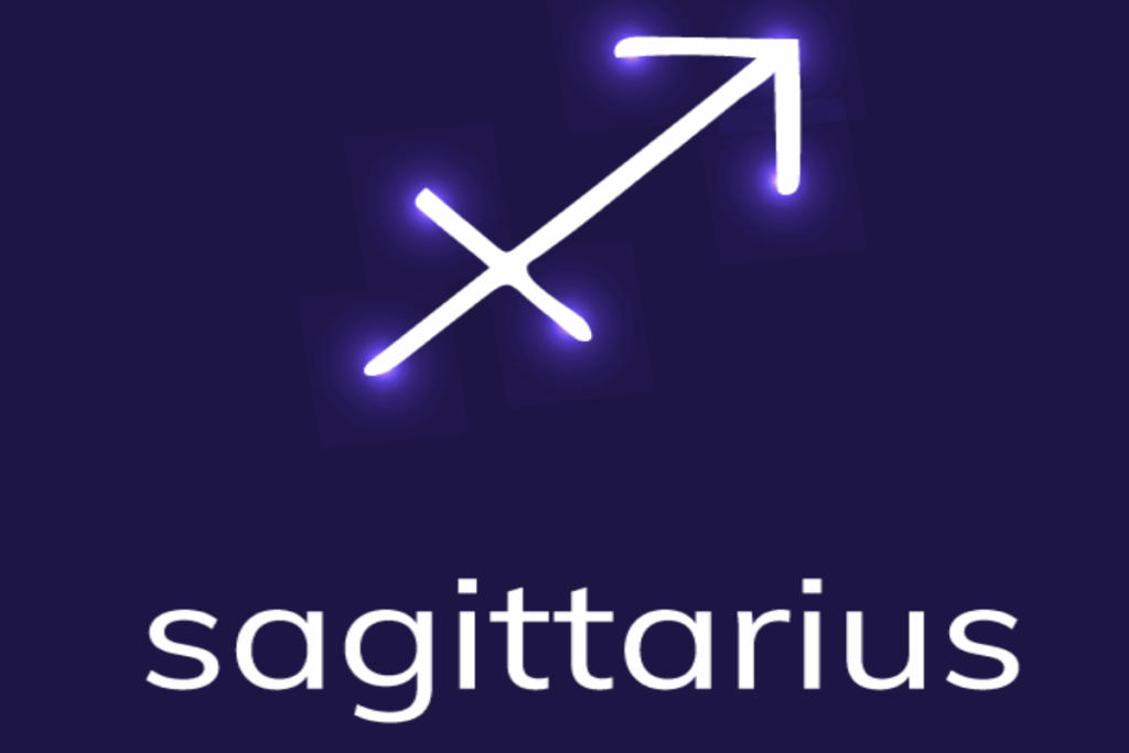 Imagem com fundo roxo-escuro e o símbolo astrológico de Sagitário em branco, representado por uma seta diagonal apontando para o canto superior direito e atravessada por um pequeno traço. Pontos de brilho violeta destacam algumas partes do símbolo. A palavra “sagittarius” aparece em branco na parte inferior.