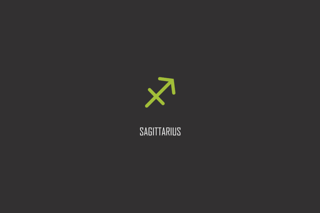 Símbolo verde de Sagitário com o nome SAGITTARIUS escrito abaixo, sobre fundo cinza escuro