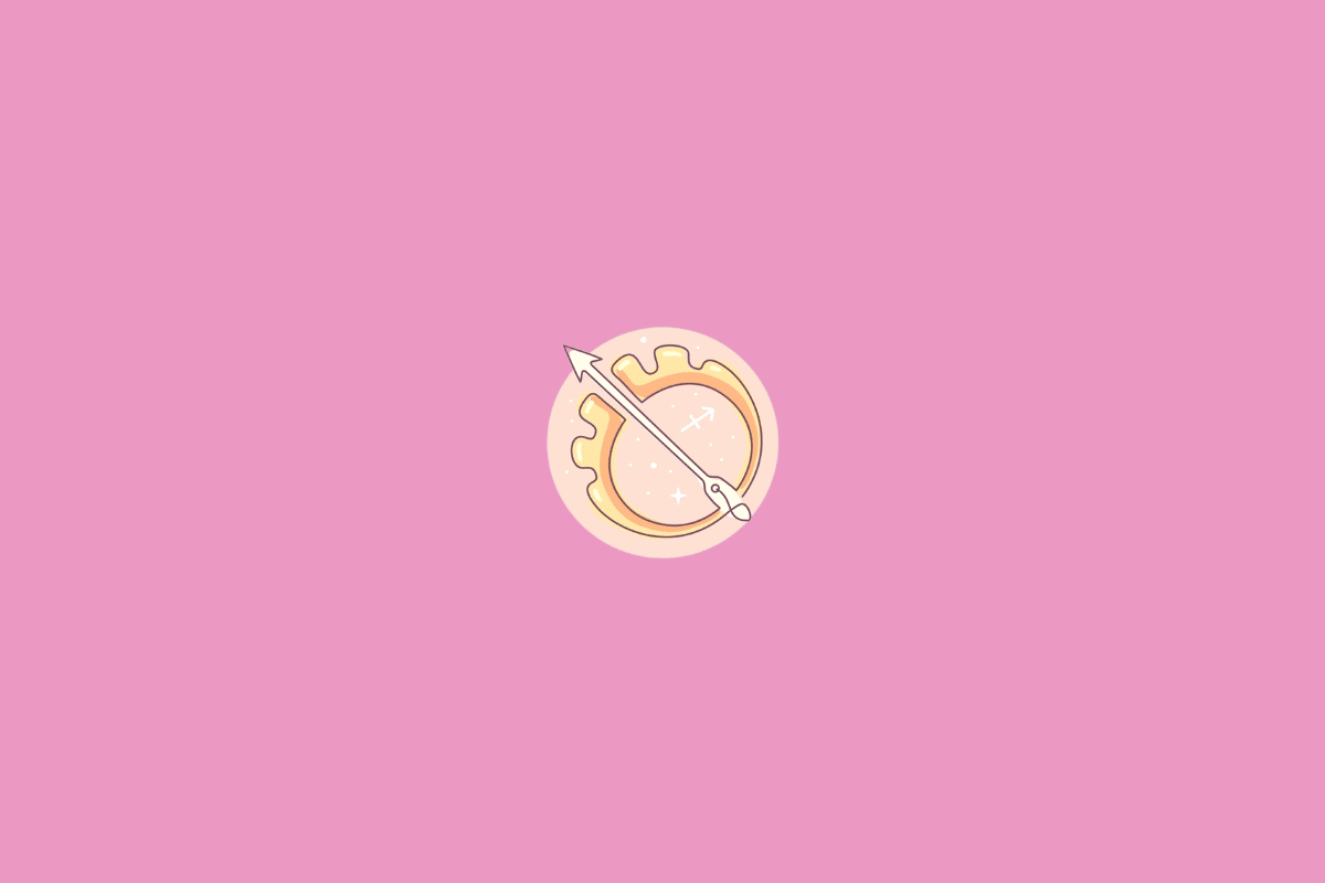 Ilustração minimalista do signo de Sagitário, representado pelo símbolo de uma flecha apontada para o alto, em tom creme. A figura aparece sobre um círculo em degradê de vermelho e rosa, com pequenos pontos decorativos e fundo amarelo-claro.