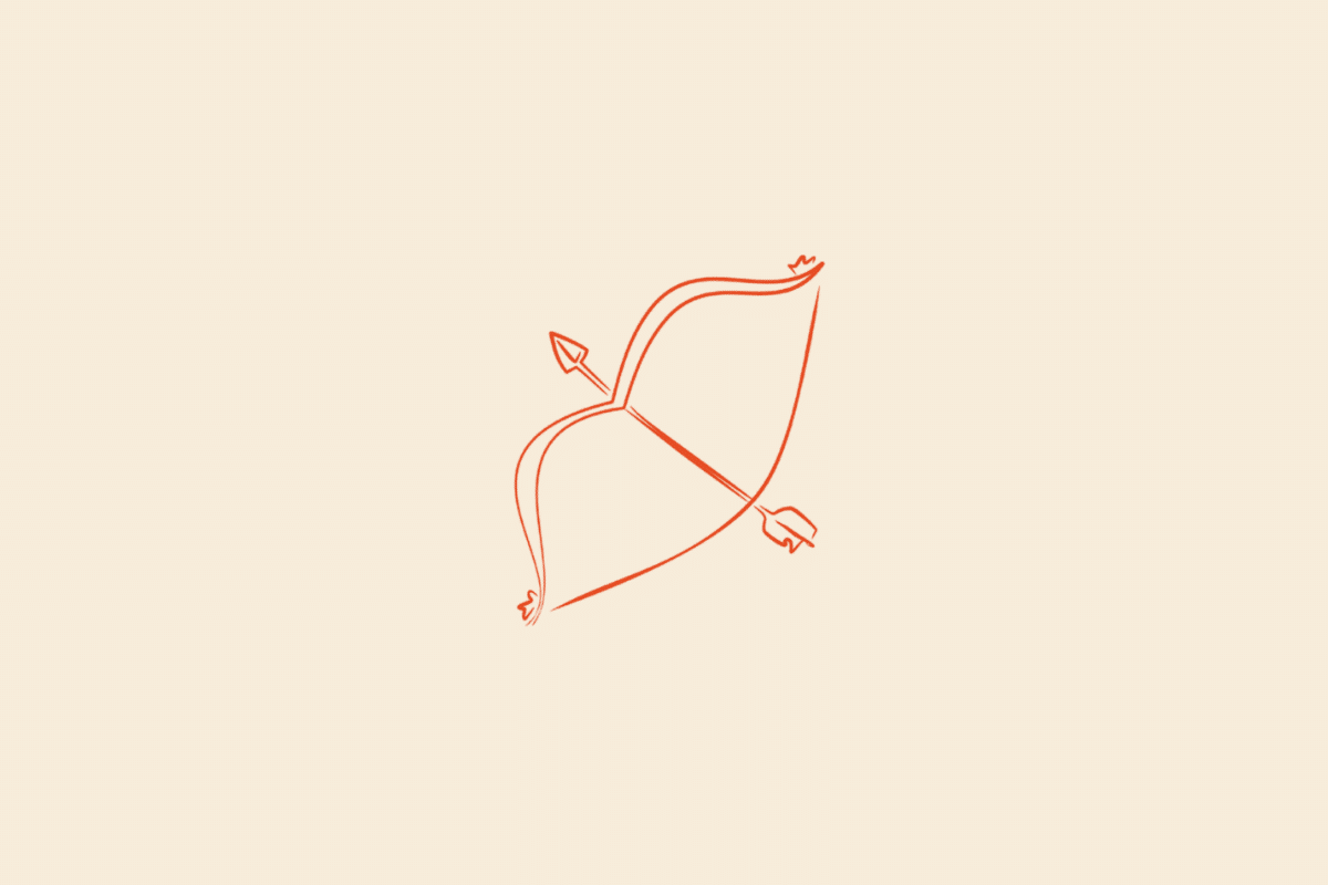 Ilustração minimalista de um arco com uma flecha posicionada na diagonal, em laranja-avermelhado, representando o signo de Sagitário sobre fundo bege.