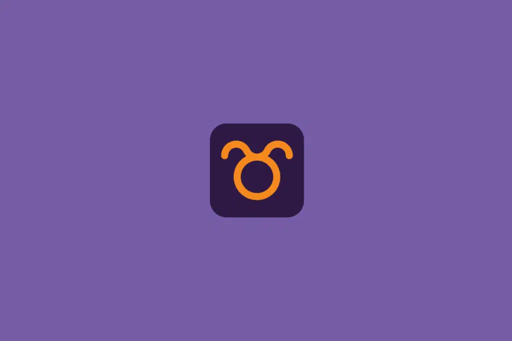 Símbolo de Touro formado por um círculo com dois chifres curvos na parte superior, em laranja, dentro de um quadrado de cantos arredondados em roxo-escuro. Em fundo roxo.