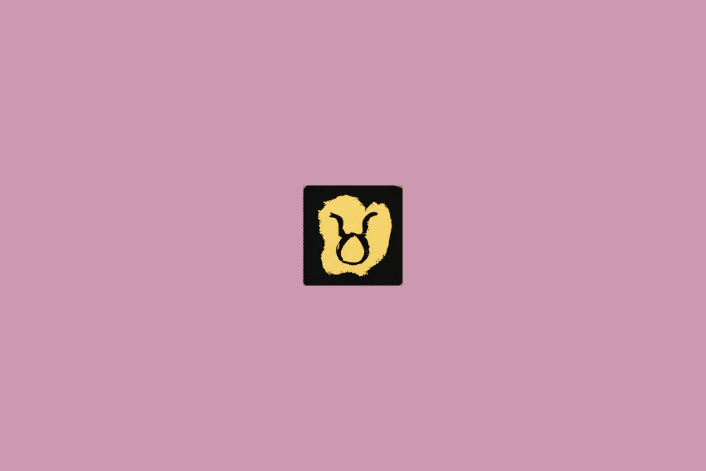 Imagem com fundo rosa-claro uniforme. No centro, há um pequeno quadrado preto com bordas levemente arredondadas. Dentro dele, aparece uma forma irregular em amarelo-claro. Sobre ela está desenhado, em preto, o símbolo de Touro, formado por um círculo na parte inferior e duas curvas para cima que lembram os chifres de um touro.