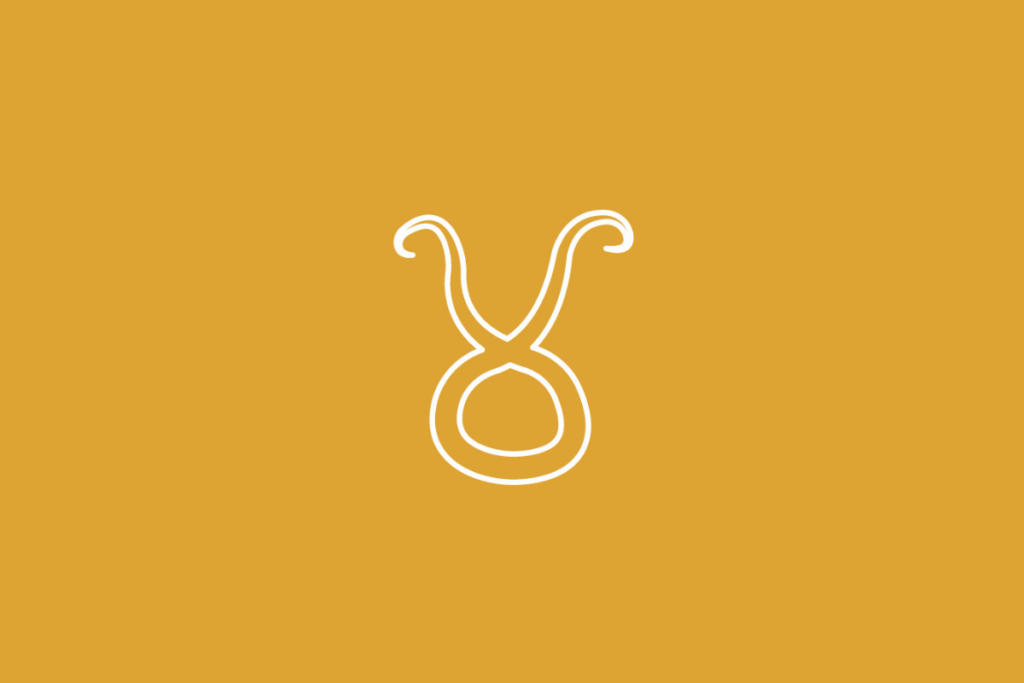 Símbolo do signo de Touro desenhado em linhas brancas, centralizado sobre um fundo amarelo-ocre