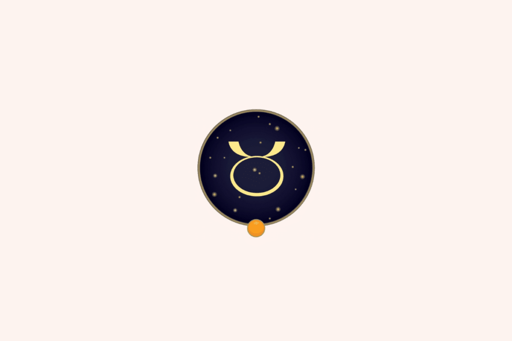 Ilustração do símbolo dourado do signo de Touro em destaque central sobre um fundo circular azul-marinho estrelado, com uma pequena gema laranja na parte inferior e fundo geral bege-claro