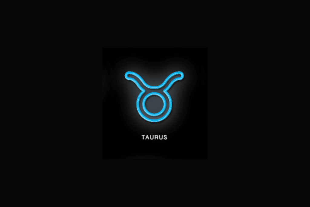 Sobre um fundo preto, o símbolo do signo de Touro é exibido em estilo néon azul brilhante, acompanhado pela palavra "TAURUS" escrita em letras maiúsculas brancas na parte inferior