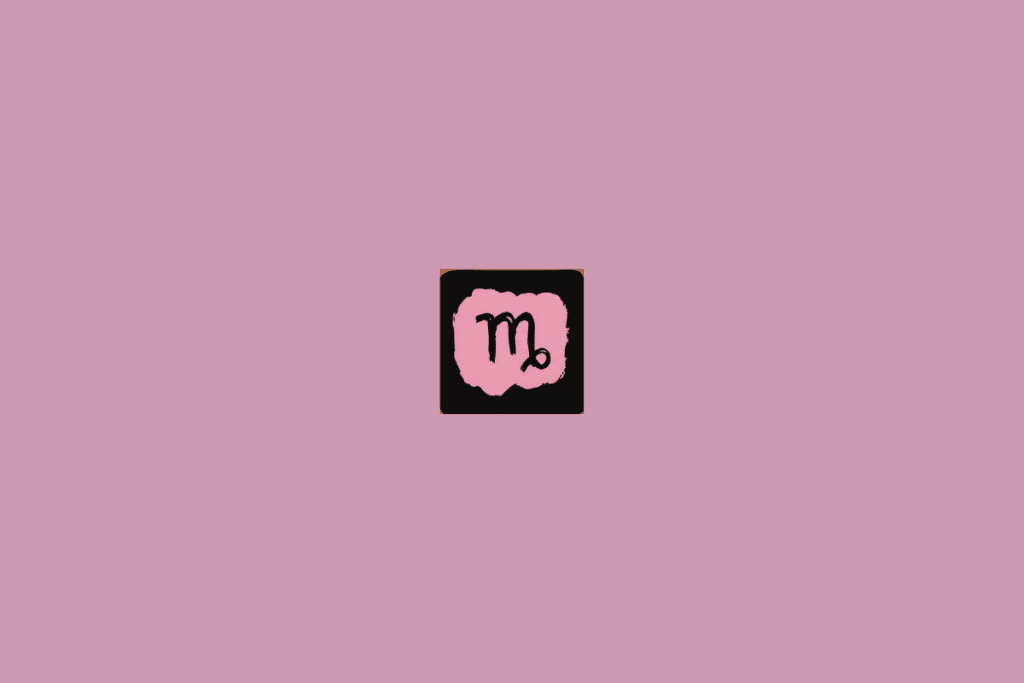Imagem com fundo rosa-claro uniforme. No centro, há um pequeno quadrado preto com bordas levemente arredondadas. Dentro dele, aparece uma forma irregular em rosa-claro. Sobre ela está desenhado, em preto, o símbolo de Virgem, formado por traços curvos que lembram a letra “m”, com uma pequena curva fechada na extremidade direita.