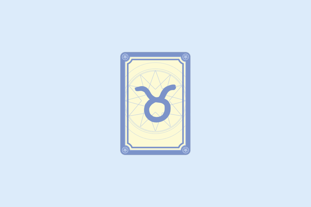 Ilustração do signo Touro: carta com moldura azul-lavanda, cantos decorados com estrelinhas e fundo creme com uma mandala de estrela em linhas finas; no centro, o símbolo de Touro em azul-lavanda, um círculo com um meio-arco curvado para cima no topo, lembrando a cabeça e os chifres de um touro; em fundo azul-claro.