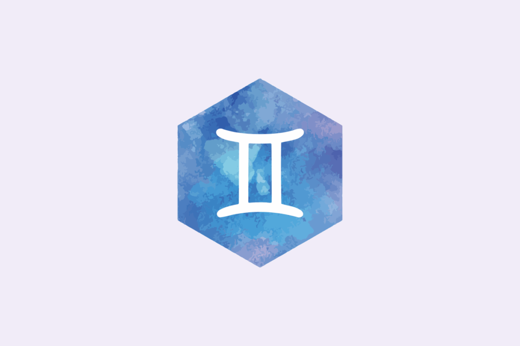 Símbolo do signo Gêmeos: traço branco de duas linhas verticais paralelas unidas por uma linha em cima e outra embaixo, como o numeral romano dois, dentro de um hexágono pintado em aquarela azul e lilás; em fundo lavanda-claro.