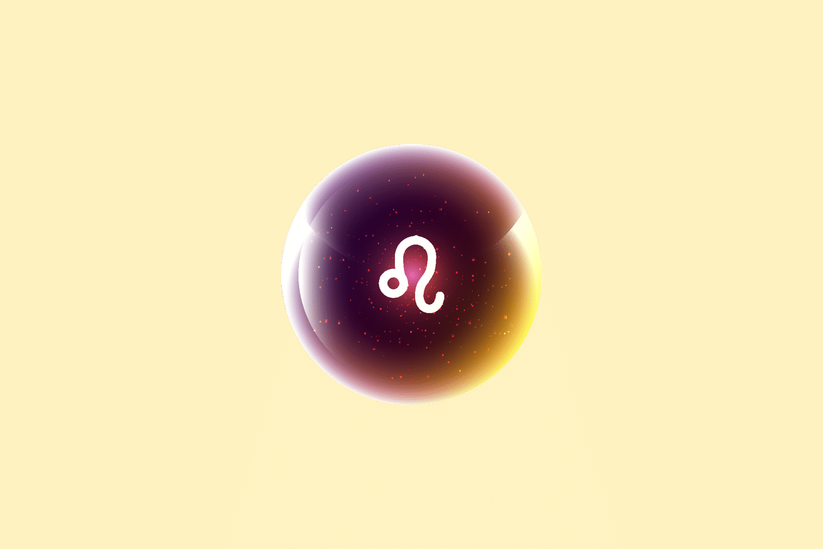 Ilustração do signo Leão, contendo uma esfera brilhante em tons de roxo, rosa e dourado com o símbolo branco de Leão, um pequeno círculo com uma linha curva que lembra a juba e a cauda do leão, em fundo amarelo-claro.