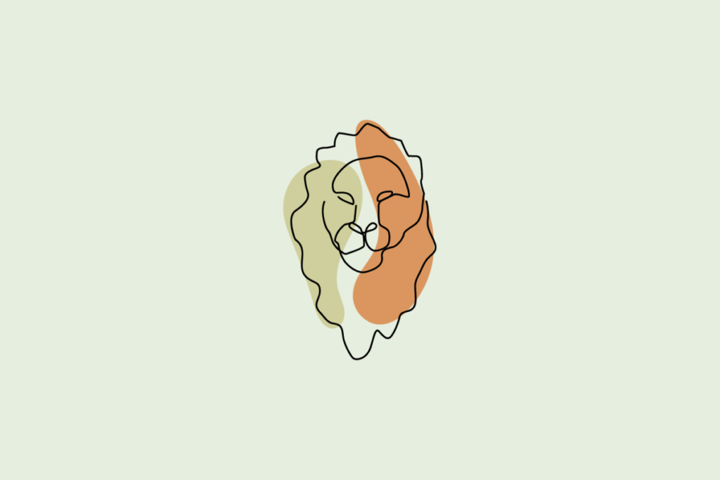 Ilustração do signo Leão: desenho em traço contínuo preto de uma cabeça de leão vista de frente, com olhos fechados e uma juba volumosa e ondulada ao redor do rosto, sobre manchas orgânicas em laranja e verde; em fundo verde-sálvia.