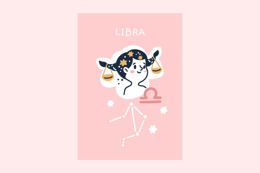 Ilustração do signo Libra, contendo um cartão rosa com o nome LIBRA escrito no topo, uma menina piscando, com duas tranças que seguram os pratos dourados de uma balança, ao lado do símbolo rosa do signo e, abaixo, a constelação de Libra desenhada em branco com pequenas estrelas, em fundo rosa bem claro.