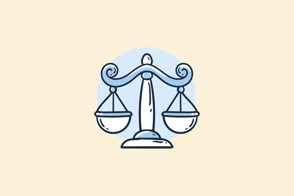 Ilustração do signo Libra: desenho em estilo de rabisco, com contorno azul-marinho, de uma balança antiga com haste ornamentada em espirais e dois pratos pendurados, sobre um círculo azul-claro; em fundo amarelo-claro.