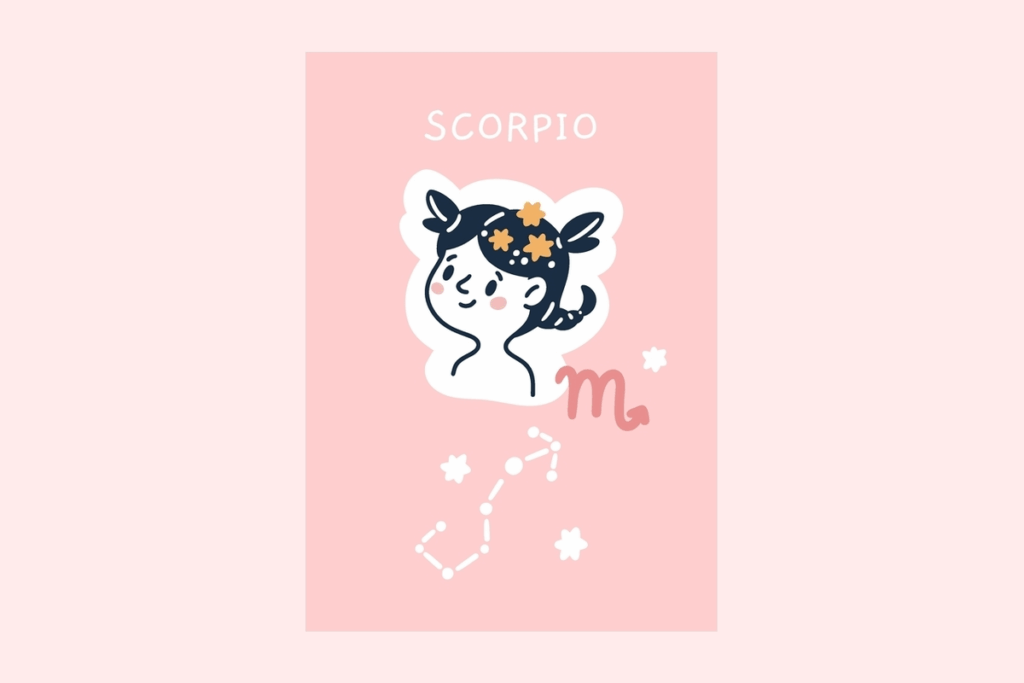 Ilustração do signo Escorpião, contendo um cartão rosa com o nome SCORPIO escrito no topo, uma menina com cabelo escuro estrelado, preso em uma trança que termina como o ferrão de um escorpião, ao lado do símbolo rosa do signo e, abaixo, a constelação de Escorpião desenhada em branco com pequenas estrelas, em fundo rosa bem claro.