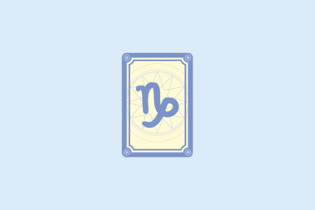 Ilustração do signo Capricórnio: carta com moldura azul-lavanda, cantos decorados com estrelinhas e fundo creme com uma mandala de estrela em linhas finas; no centro, o símbolo de Capricórnio em azul-lavanda, uma forma parecida com as letras "V" e "b" unidas, que termina em um laço e uma curva para baixo, lembrando a cabra com cauda de peixe; em fundo azul-claro.