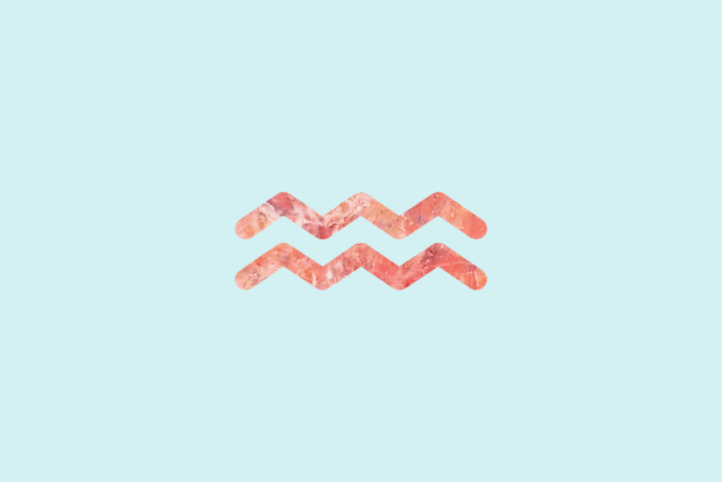 Ilustração do signo Aquário, contendo o símbolo do signo com textura de mármore em tons de coral e rosa, formado por duas linhas em zigue-zague paralelas que representam ondas de água, em fundo azul-turquesa.
