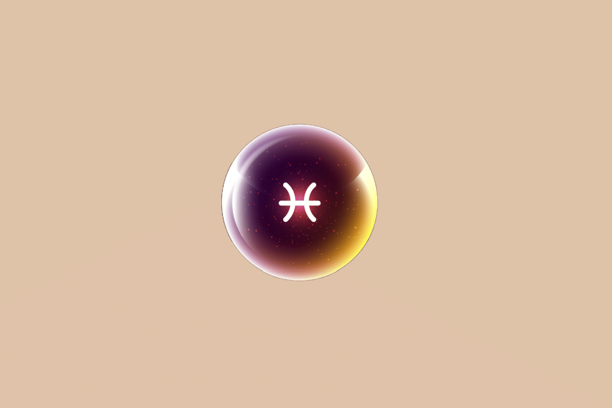 Ilustração do signo de Peixes, em fundo bege, contendo o símbolo do signo em branco, formado por dois arcos opostos unidos por uma linha, no centro de uma esfera luminosa