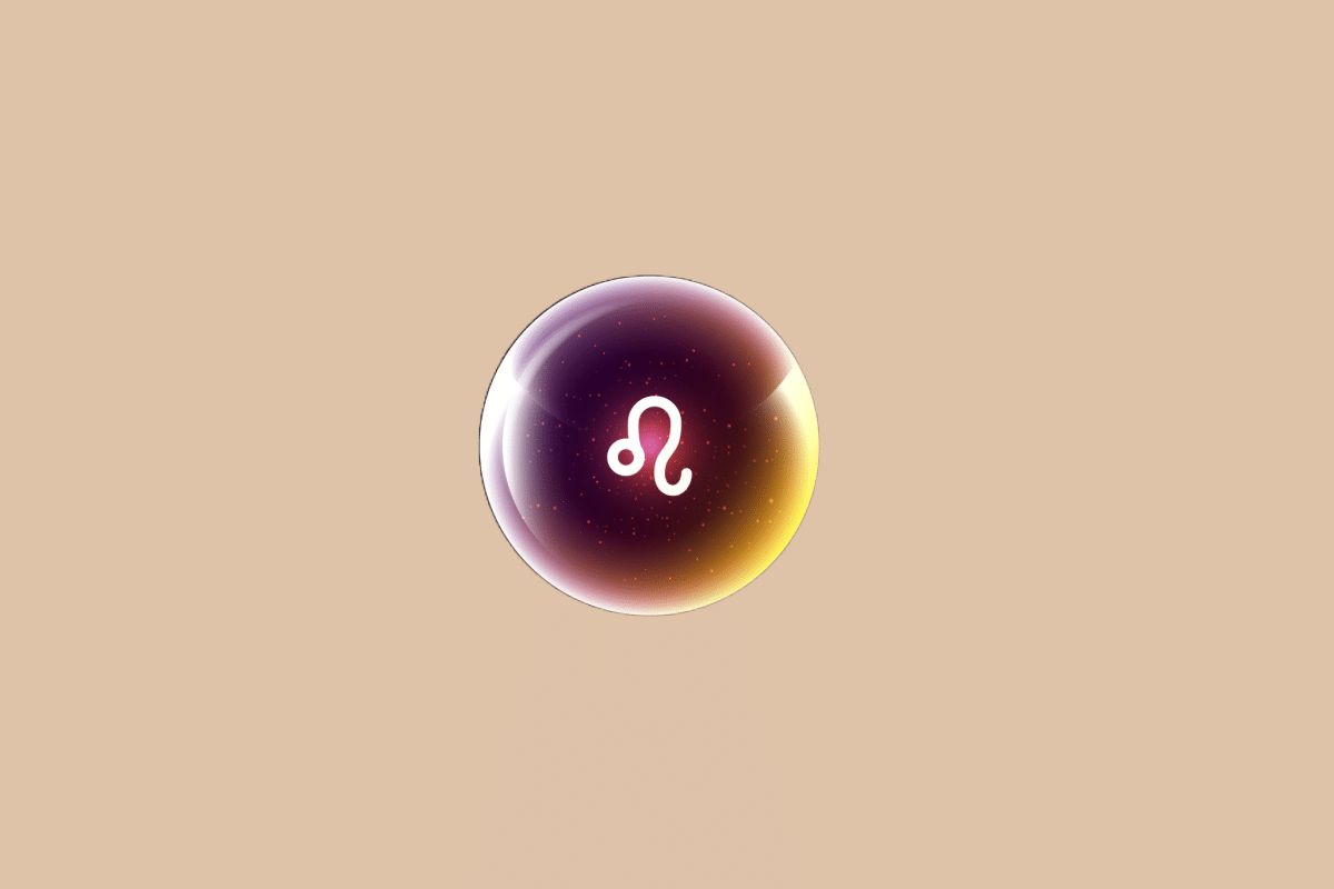 Ilustração do signo de Leão, em fundo bege, contendo o símbolo do signo em branco, em forma de círculo com uma cauda curva, no centro de uma esfera luminosa