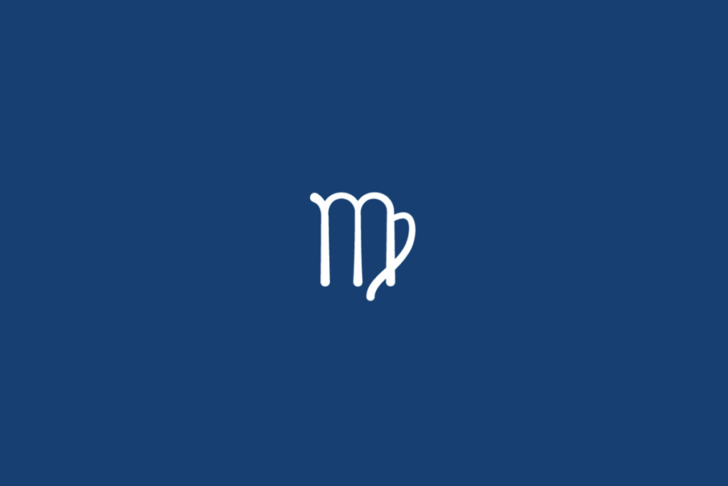 Símbolo do signo de Virgem, em branco, formado por três hastes verticais com curvas arredondadas na parte superior e uma extremidade inferior que se prolonga em direção à direita. O fundo é azul-marinho uniforme.