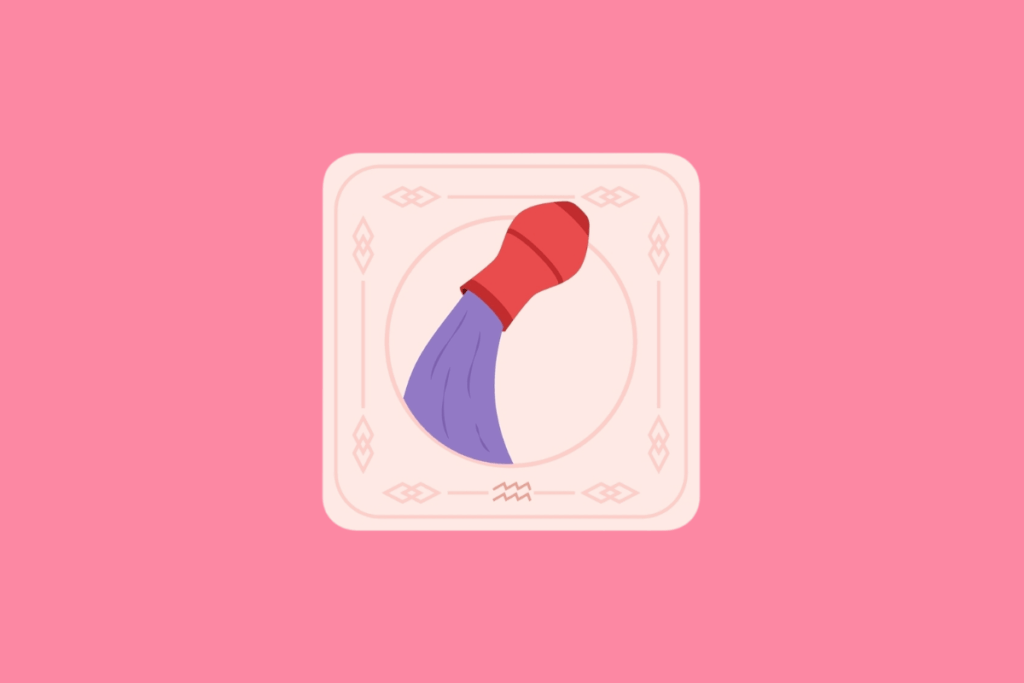 Ilustração estilizada de uma carta com fundo rosa pastel. No centro, dentro de uma moldura circular, há a figura de um vaso vermelho derramando água roxa. Na parte inferior da carta, encontra-se o símbolo do signo de Aquário.