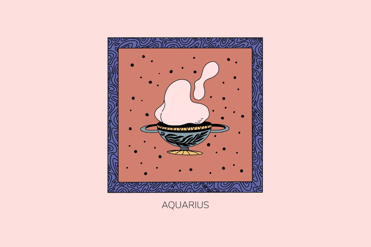 Ilustração estilizada do signo de Aquário, mostrando um vaso decorado de onde sai uma forma fluida rosa, em moldura roxa com fundo salmão e a palavra "Aquarius" abaixo.