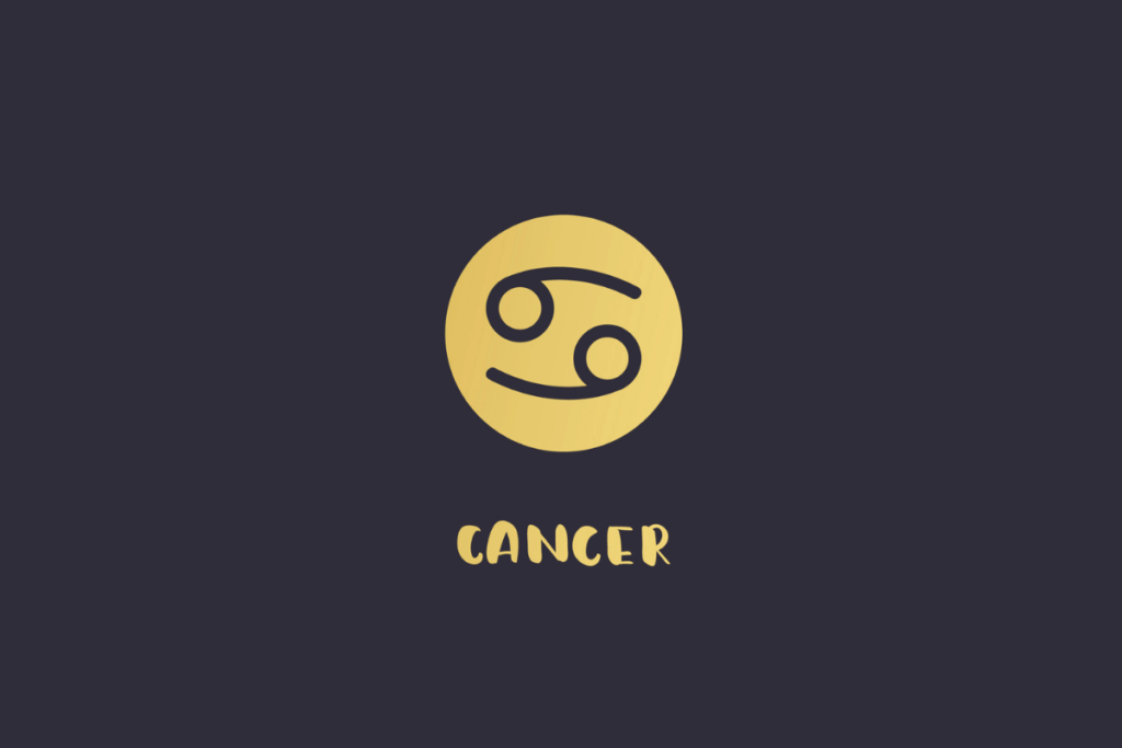 Fundo escuro com o símbolo do signo de Câncer em formato de caranguejo preto estilizado dentro de um círculo amarelo, acompanhado pela palavra "CANCER" em amarelo abaixo.