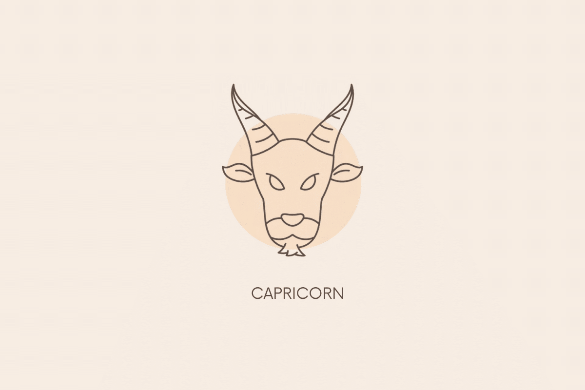 Ilustração em linhas finas da cabeça de uma cabra com chifres e barba, com um círculo bege ao fundo e a palavra "CAPRICORN" abaixo