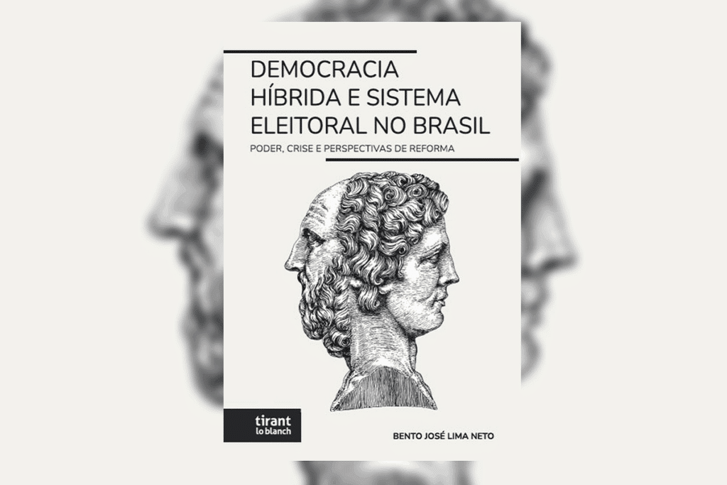 Capa do livro "Democracia Híbrida e Sistema Eleitoral no Brasil", de Bento José Lima Neto, apresentando fundo branco, a ilustração em preto e branco de uma escultura clássica de perfil com duas faces e o logotipo da editora tirant lo blanch.
