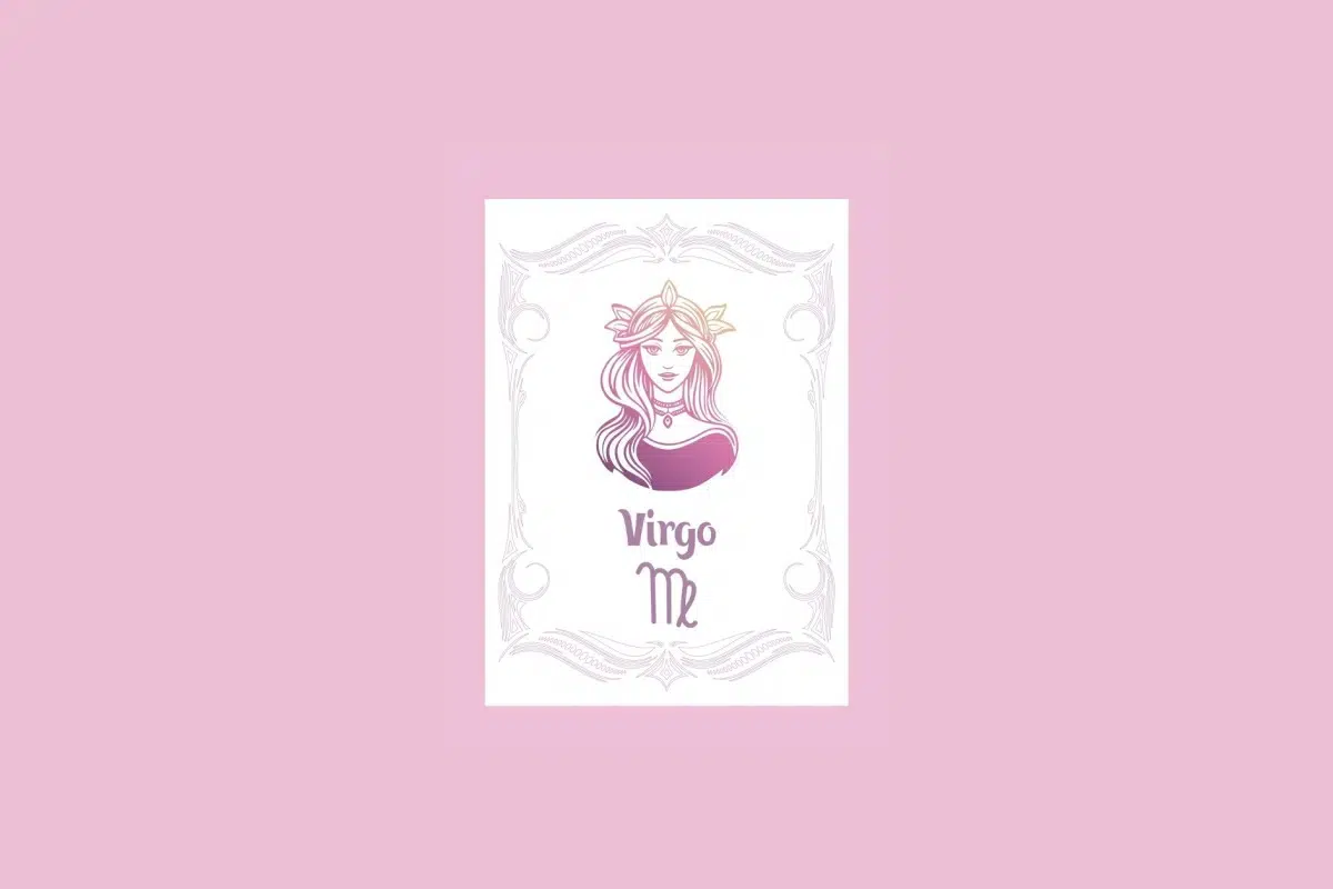 Um cartão branco com uma moldura ornamentada em rosa claro contém a ilustração do busto de uma mulher com um gradiente de roxo a laranja, e o texto "Virgo" acima do símbolo de virgem, tudo sobre um fundo rosa sólido.