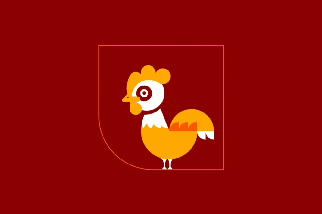 Ilustração vetorial simplificada de um galo amarelo e laranja sobre um fundo vermelho.