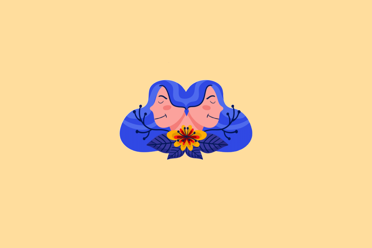 Ilustração estilizada do signo de Gêmeos. No centro, duas figuras femininas idênticas de perfil e de costas uma para a outra, com longos cabelos azuis que se unem, ornadas por uma flor amarela e ramos pretos na base. O fundo é de cor amarela clara uniforme.