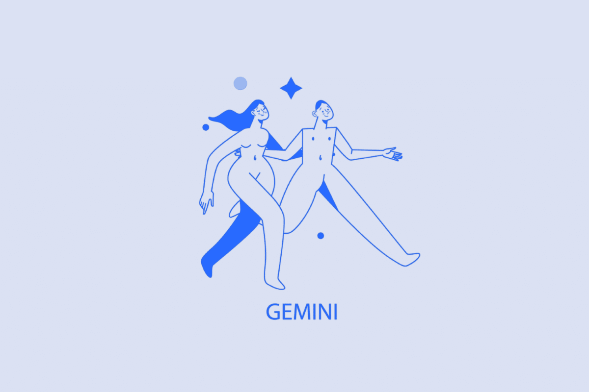 Ilustração minimalista em tons de azul e branco representando o signo de Gêmeos. Mostra duas figuras humanas caminhando alegremente lado a lado de mãos dadas, acompanhadas de pequenos pontos e uma estrela ao fundo. Na parte inferior, está escrita a palavra "GEMINI" em letras maiúsculas azul-escuro.