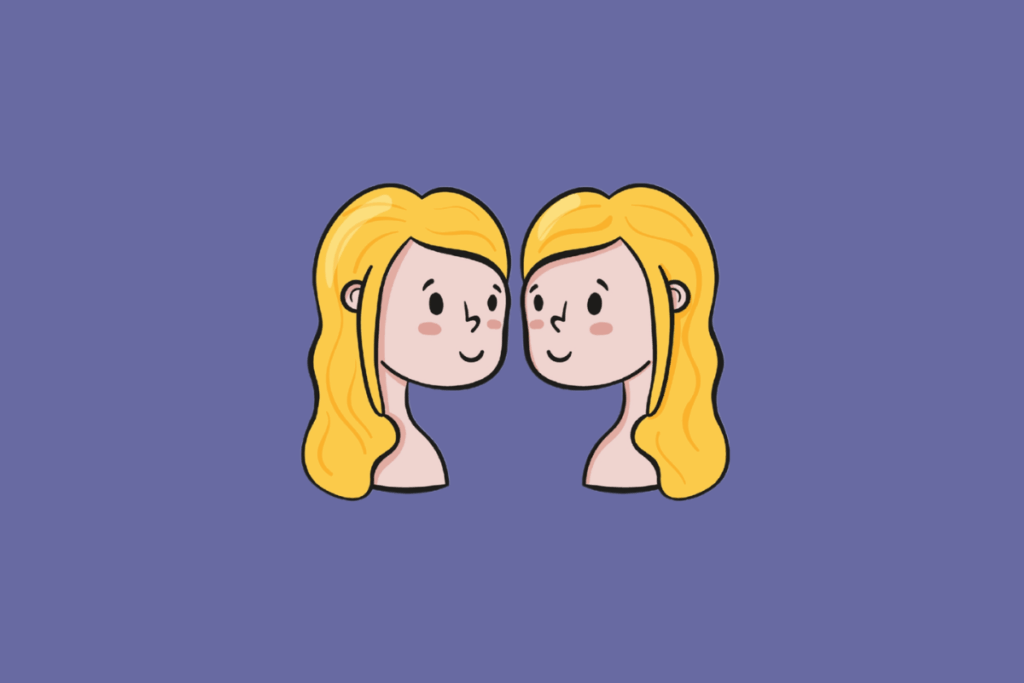 Ilustração estilizada de duas pessoas idênticas de cabelos loiros sorrindo uma para a outra sobre fundo roxo.