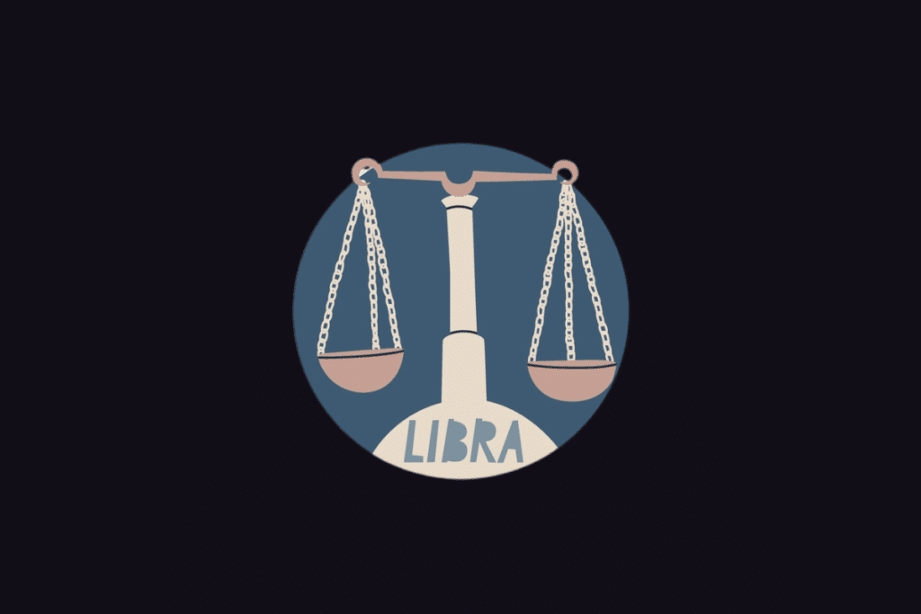 Ilustração do signo de Libra com o texto "Libra", exibindo uma balança de dois pratos pendurados por correntes sobre um fundo circular azul.