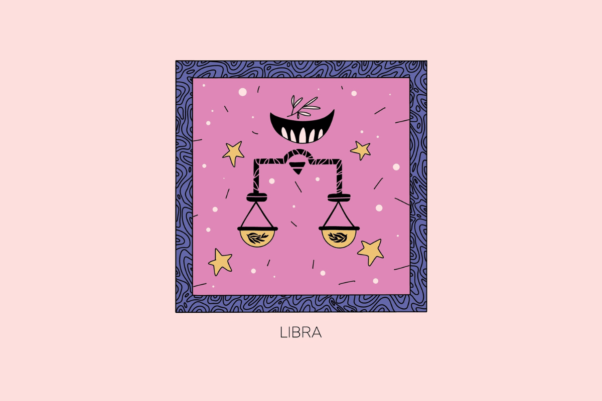 Ilustração estilizada do signo de Libra, representando uma balança preta e amarela cercada por estrelas, em moldura roxa com fundo rosa e a palavra "Libra" abaixo.