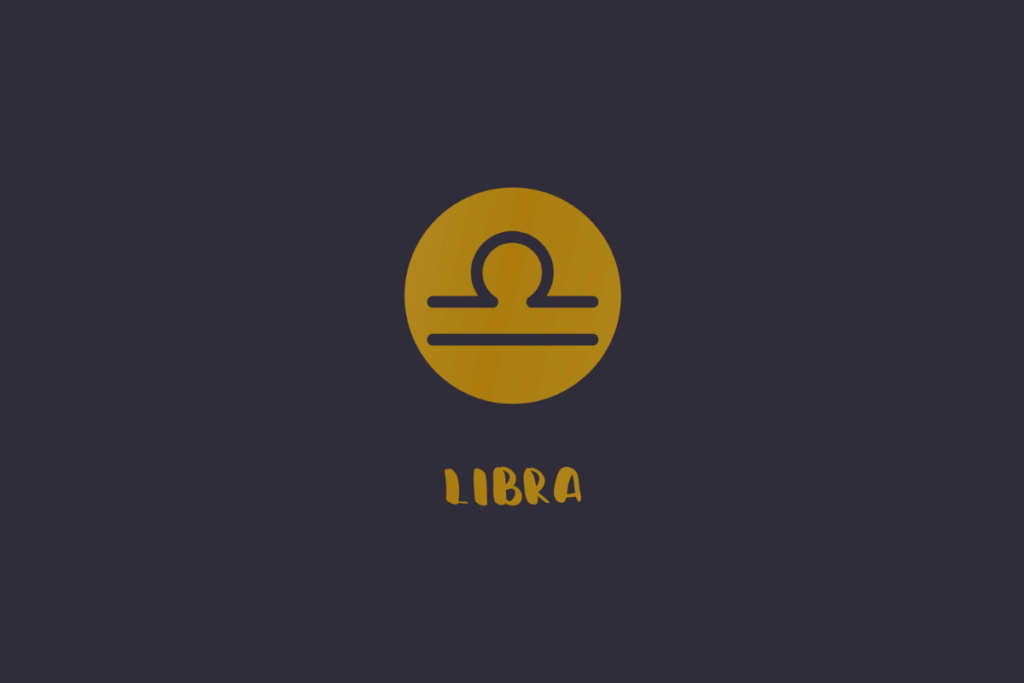 Fundo escuro com o símbolo do signo de Libra em formato de balança preta dentro de um círculo amarelo, acompanhado pela palavra "LIBRA" em amarelo abaixo.