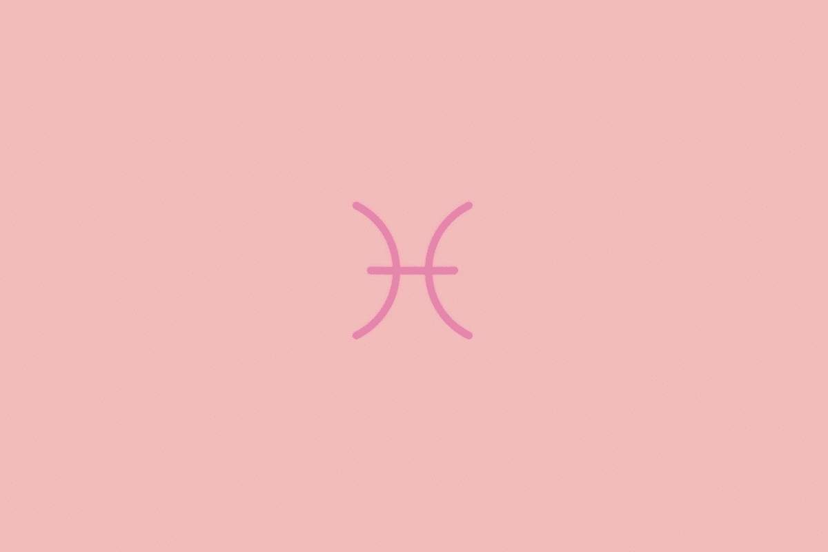 Símbolo do signo de Peixes em linhas rosa sobre um fundo rosa-claro.