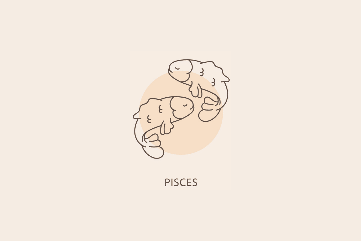 Ilustração em linhas finas de dois peixes nadando em direções opostas em círculo, com um círculo bege ao fundo e a palavra "PISCES" abaixo.