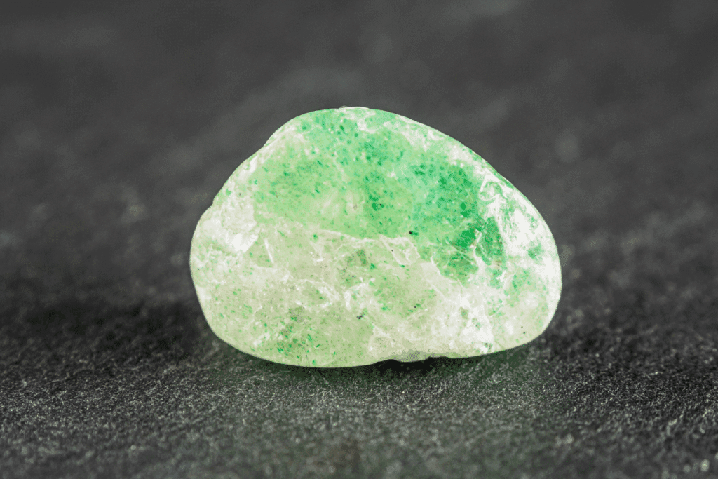 Pedra rolada e translúcida de quartzo verde-claro com pequenas inclusões escuras, sobre fundo cinza-escuro.