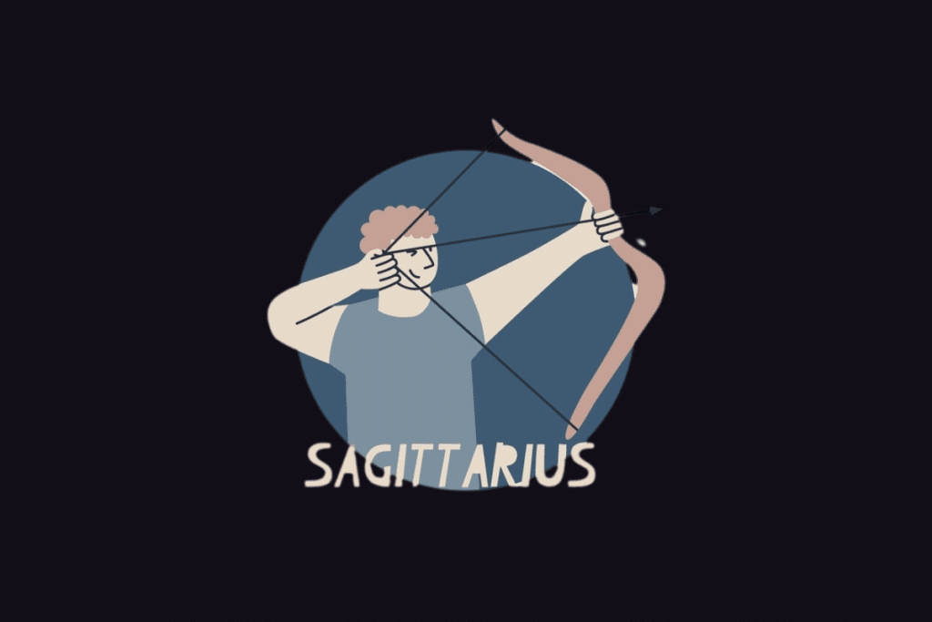 Ilustração do signo de Sagitário com o texto "Sagittarius", retratando um arqueiro puxando a corda de um arco com uma flecha apontada sobre um fundo circular azul.