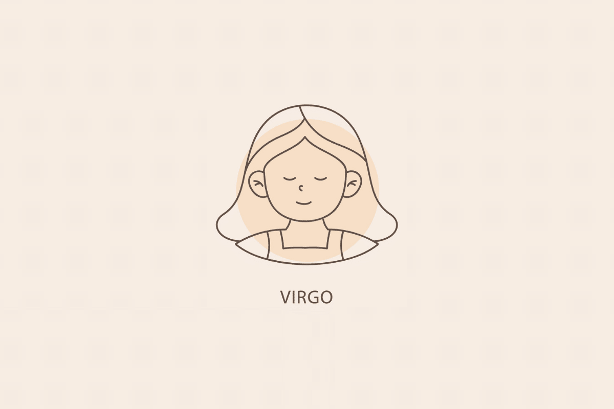 Ilustração em linhas finas do rosto de uma mulher com cabelos longos e olhos fechados, com um círculo bege ao fundo e a palavra "VIRGO" abaixo.