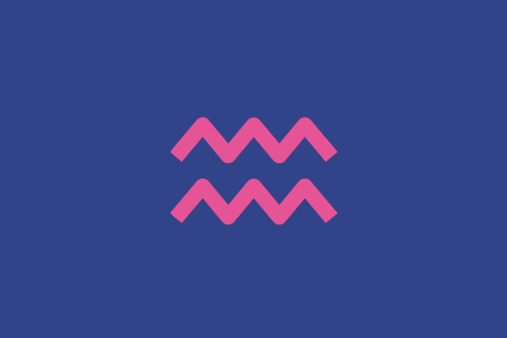 O símbolo astrológico do signo de Aquário em rosa sobre um fundo azul-escuro