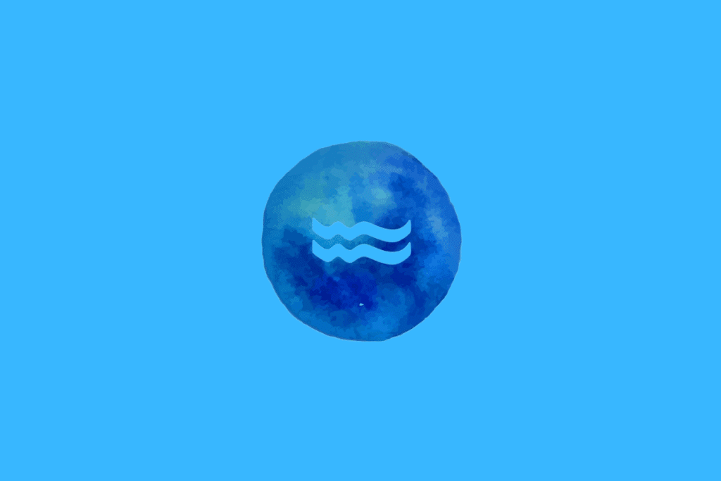Símbolo do signo de Aquário em azul sobre um círculo azul com textura aquarelada, em um fundo azul-claro.