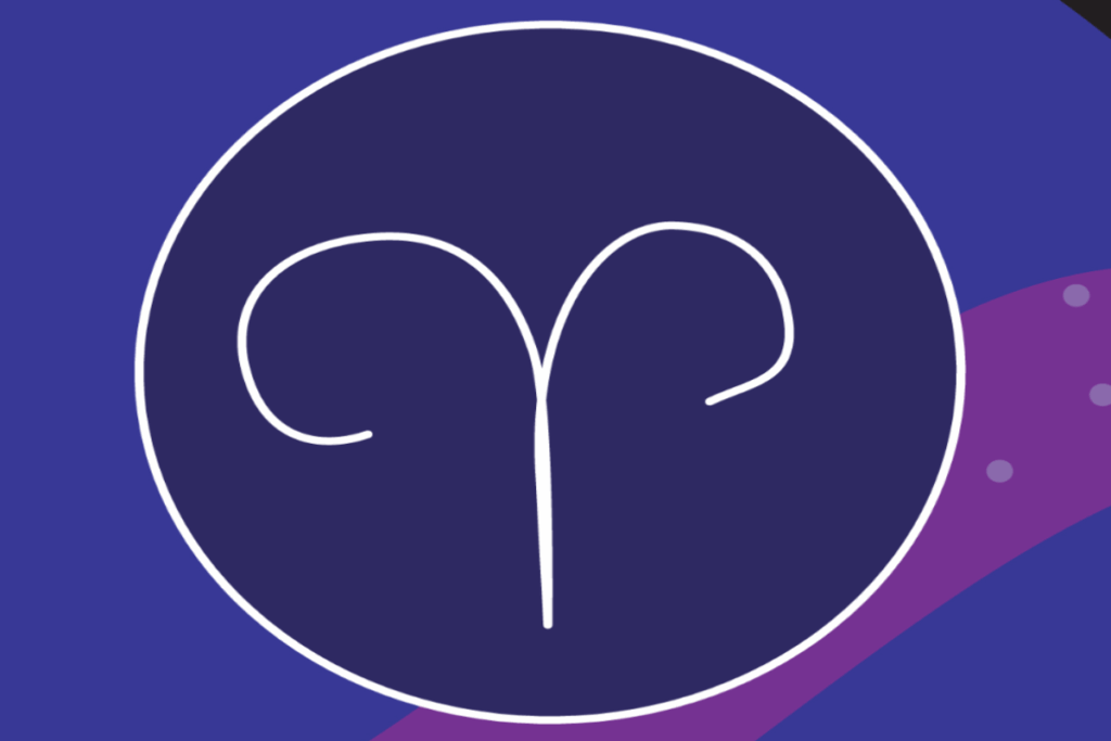 Ilustração do símbolo de Áries em linhas brancas, centralizado dentro de um grande círculo azul-escuro. O fundo combina formas abstratas em azul, roxo e preto, com pequenos pontos lilás.
